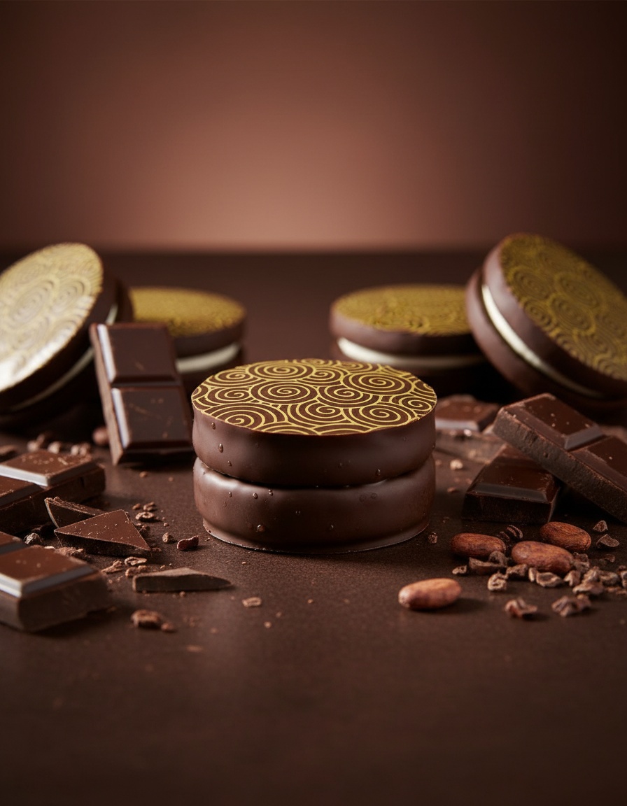 Double-stuffed sandwich cookies enrobed in dark chocolate with a gold swirl pattern