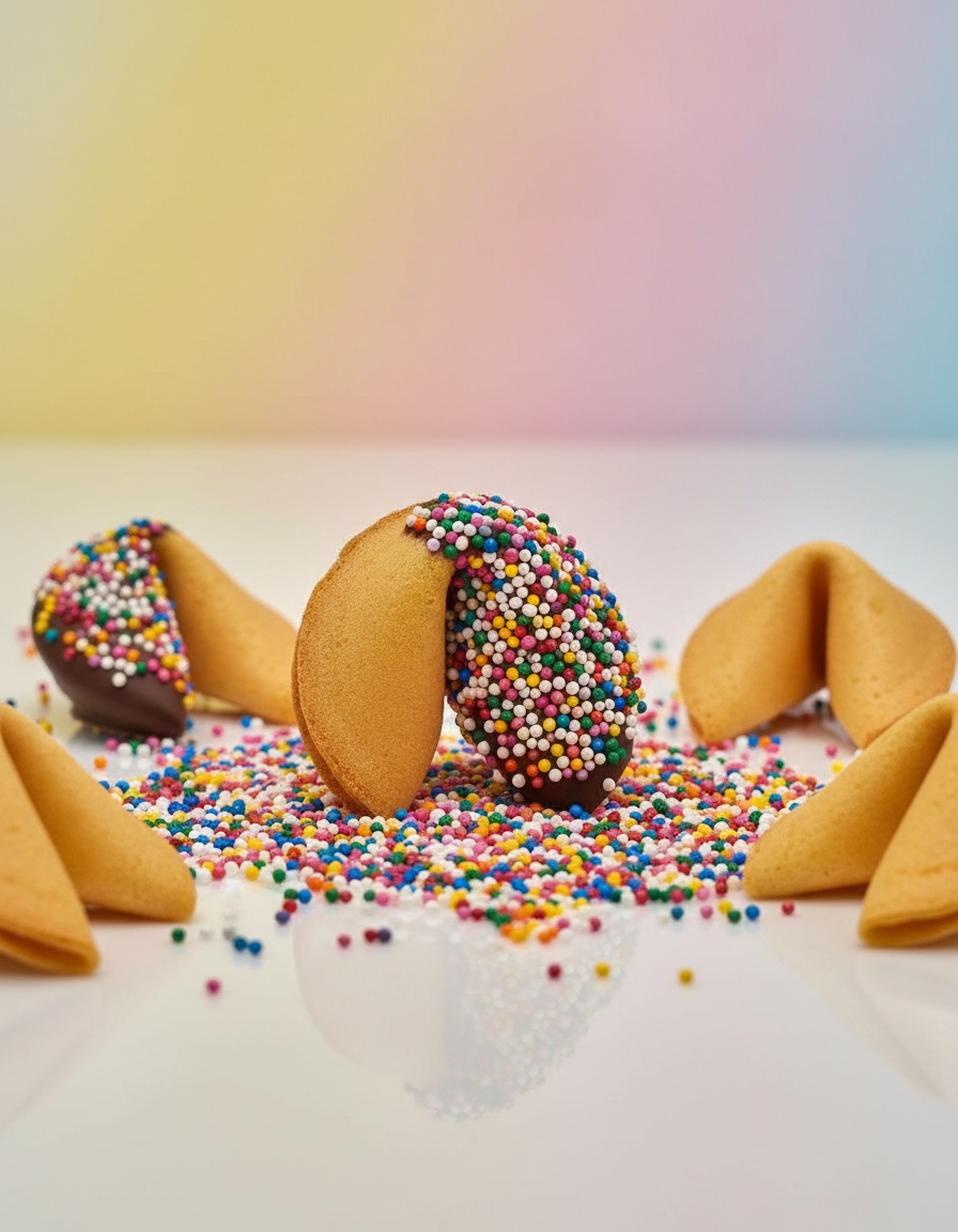 Golden fortune cookies half-dipped in chocolate and coated in rainbow sprinkles